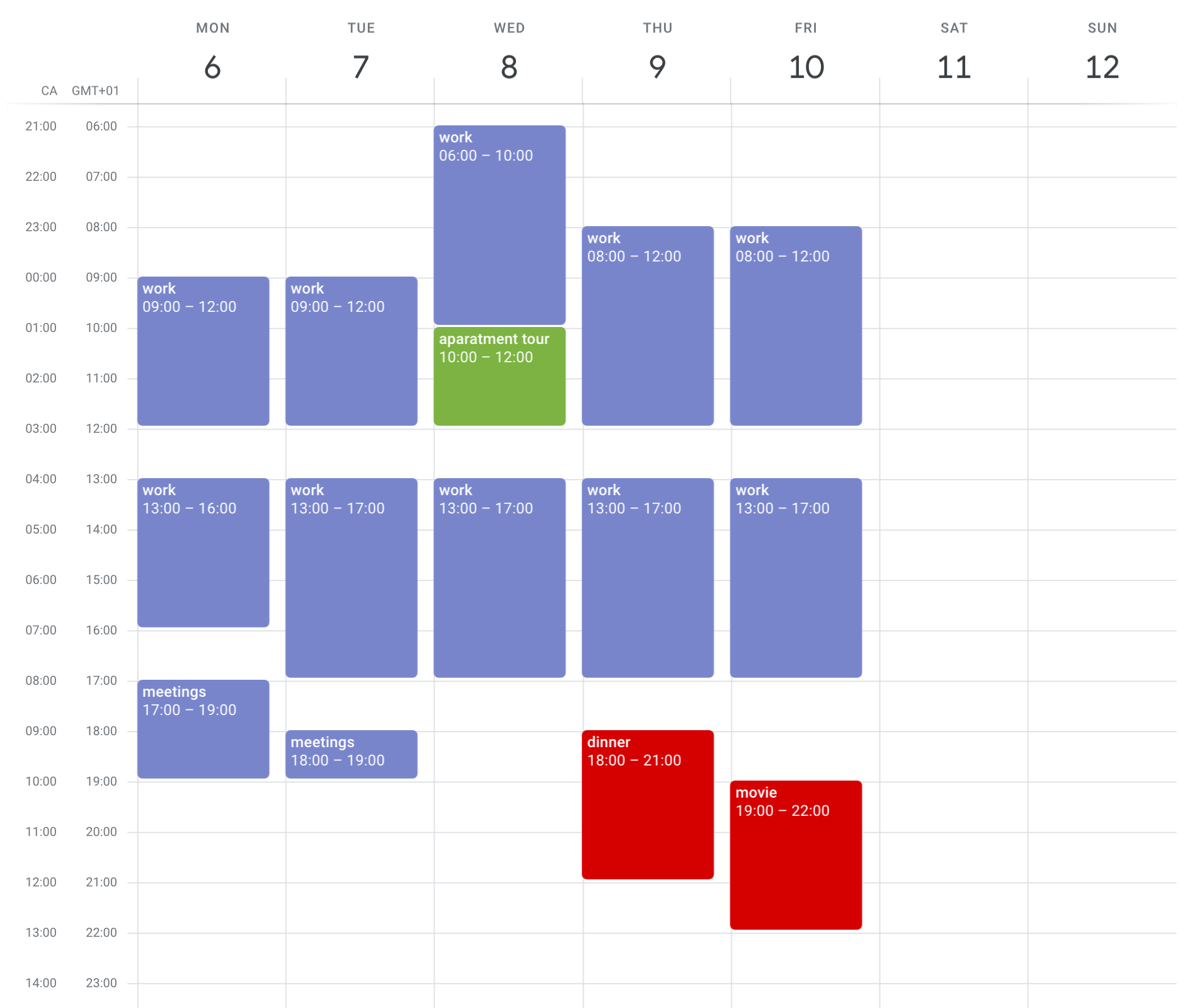 Calendar - Working hours